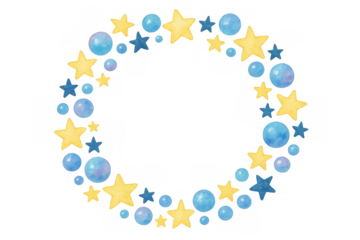 Watercolor stars and bubbles circular frame creating a festive border with transparent background