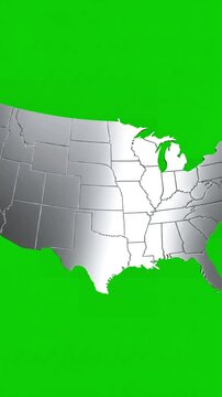 Green Screen map of united states america showing different animated usa contiguous lower 48 u s state on an isolated chroma key background scene 3 with distortion, overlay, glitch, static noise, scan
