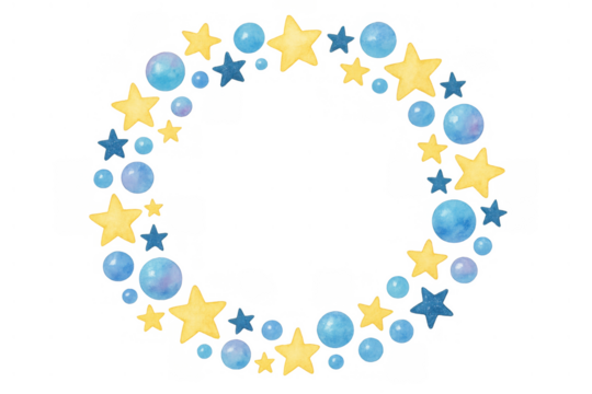 Watercolor stars and bubbles circular frame creating a festive border with transparent background - Powered by Adobe