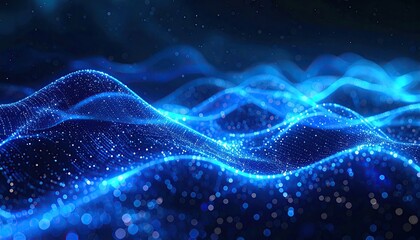 Abstract Blue Digital Waves And Particles Flowing With Lights In Dark Background Representing Data Flow Or Network Connection
