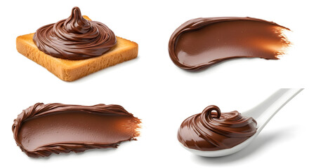 Obraz premium Chocolate spread on toast Thick chocolate cream spread on a toast slice isolated on white