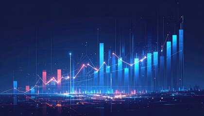 Abstract digital cityscape with glowing blue and red bar graph rising in soft natural light showing financial growth and economic data visualization with bokeh effects