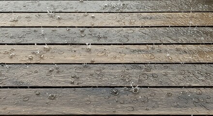 Obraz premium Raindrops Falling on Wooden Deck Moody Natural
