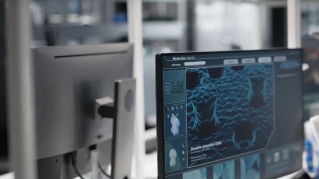 Close up of colorful chemical solutions inside scientific glassware on lab shelf. Reagents in vials ready to be used for experimental analysis inside empty high tech research center, panning shot