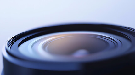 A close-up shot focuses on the sleek curves of a camera lens. The lens has an abstract design and a minimalist aesthetic, capturing the blend of light and shadow on its surface.