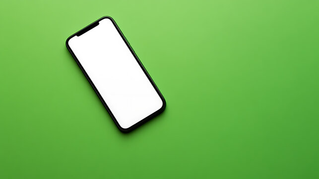 Sleek smartphone with a pristine white screen rests on a vibrant green surface, modern tech, digital simplicity, mobile innovation, communication hub, bright and clean style.