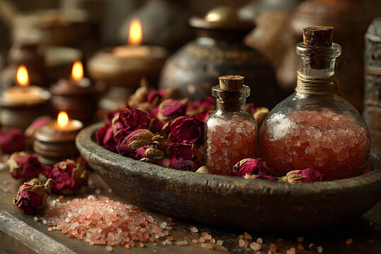 Concept of spa treatment with roses. Dry flowers in a bowl, crystals of sea pink salt in bottle, candles as decor. Atmosphere of relax, anti-stress and detox prosedure. Luxury lifestyle.