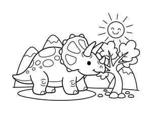 Fototapeta premium A triceratops stands in a landscape with mountains and a tree under a smiling sun, coloring page for kids
