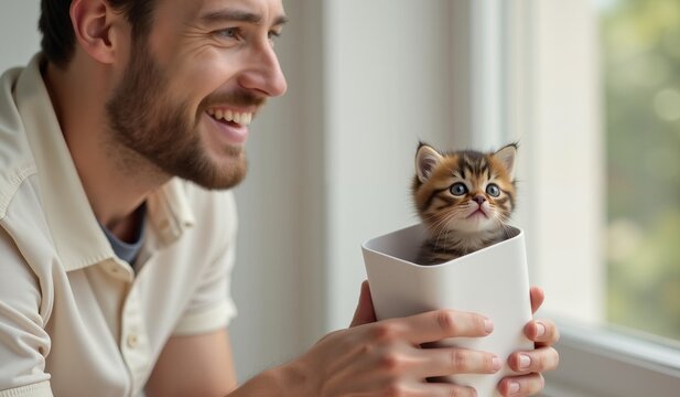 smiling man looks at a kitten sitting in a cup he is holding against a window