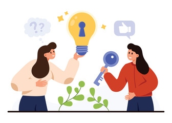 Two women exchanging a key and lightbulb with keyhole, representing finding solutions, unlocking potential, and therapy concepts, isolated on white background vector illustration