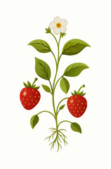 Fresh Wild Strawberry Plant Illustration with Ripe Berries and Blossom