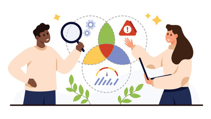 Business people analyzing overlapping circle chart for risk management, featuring warning, settings, and performance icons, isolated on white background vector illustration