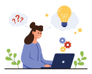 Woman working on laptop, thinking through questions and generating ideas, gears and lightbulb symbolizing creative problem solving and strategic thinking process, isolated on white background vector