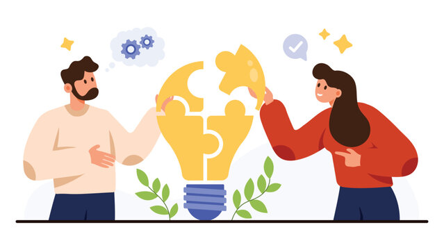 Two people collaborate to complete a light bulb made of puzzle pieces, symbolizing creative teamwork, innovation, and idea generation, isolated on white background vector illustration