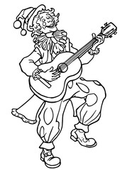 Naklejka premium Circus clown playing the guitar coloring page.