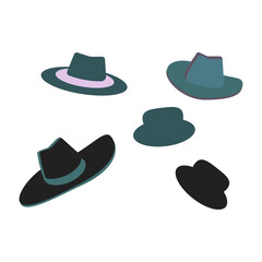 Collection of classic fedora hats in various angles, illustrated in a flat vector design style