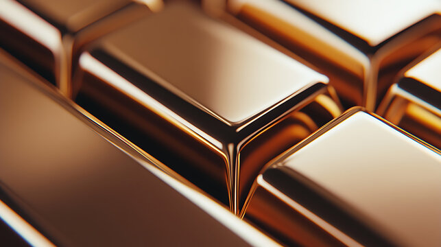 Lustrous ingots, stacked tight! Gleaming gold bars catch the light, promising wealth and investment. Close-up shot showcasing the purity and allure of precious metal.