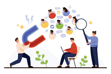 Business team attracting and analyzing diverse online audience with magnet, laptop, and magnifying glass, representing brand engagement and digital marketing strategy isolated on white background