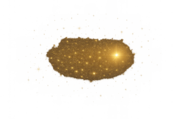 Golden glitter particles with glowing light flare creating sparkling effect on transparent background