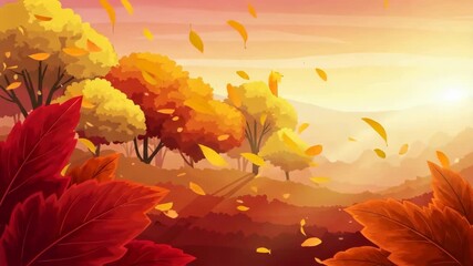 Autumn landscape with trees, hills, and falling leaves in a warm sunset, creating a seasonal animation.