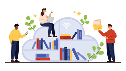 Modern digital library concept with people using cloud storage for books, files, and wireless data sharing, representing online education and information access isolated on white background vector