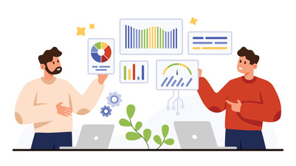 Two colleagues analyzing colorful data charts, graphs, and statistics on laptops, representing teamwork and business analytics, isolated on white background vector illustration