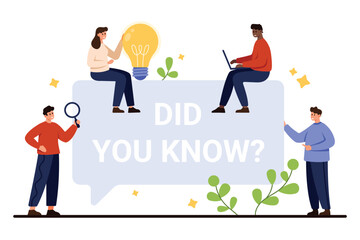 People sharing knowledge and ideas with did you know quote, magnifying glass, light bulb, and laptop, promoting information and learning, isolated on white background vector illustration