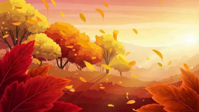 Autumn landscape with trees, hills, and falling leaves in a warm sunset, creating a seasonal animation.