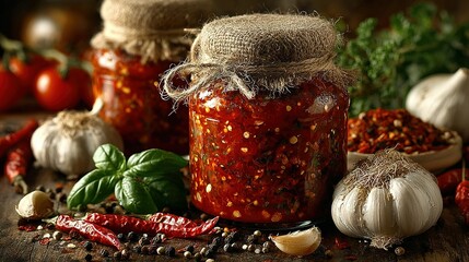 Two jars of red pepper relish surrounded by ingredients on a wooden surface.