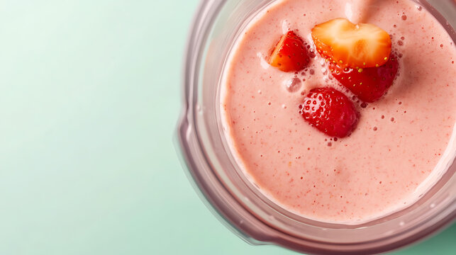 Refreshing strawberry smoothie in a blender. A healthy drink for a hot day. Easy to make, it's a delicious, nutritious treat. Perfect for a quick breakfast!