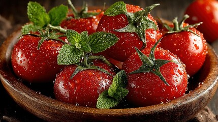 Red tomatoes and green mint leaves in a wooden bowl on a table.