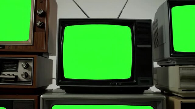 Abstract Digital Art Backgrounds with stacked vintage television green screen dolly in you can replace the footage or picture want do it lkeyingr effect after effects 4k distortion, overlay, glitch