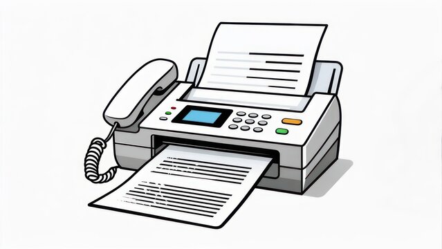 Cartoon illustration of a fax machine, paper outputs, handset connected