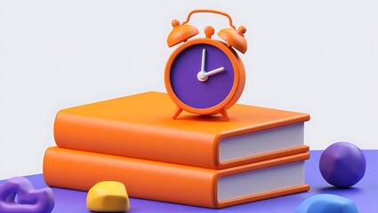 Alarm clock on books with colourful shapes perfect educational backdrop