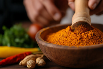 Aromatic spices in a rustic wooden bowl, ready to infuse warmth and flavor. The vibrant herbs, chili, and ginger hints at the culinary possibilities. Making the best dishes!