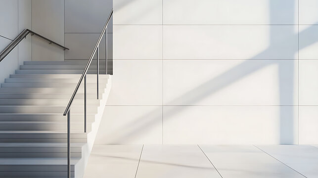A minimalist white staircase with metal railings ascends against a bright wall, bathed in sunlight, creating a clean and modern architectural aesthetic.