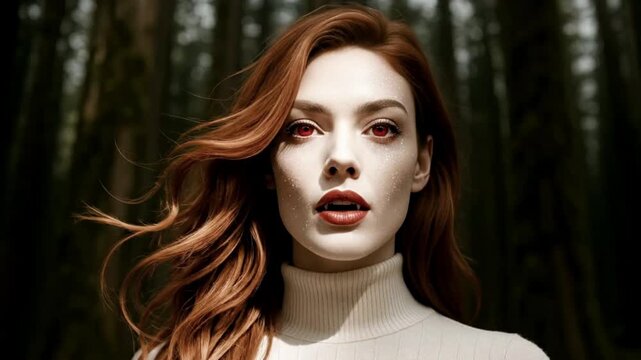 Vampire Woman Sparkling in Sunlight Revealing Fangs Close-Up Loop