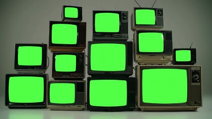 Powering Up with ten old tvs turning on green screens stacked vintage live retro television screen display taken zoomout shot distortion, overlay, glitch, static noise, scan lines black background, 4k - Powered by Adobe