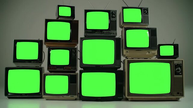 Powering Up with ten old tvs turning on green screens stacked vintage live retro television screen display taken zoomout shot distortion, overlay, glitch, static noise, scan lines black background, 4k