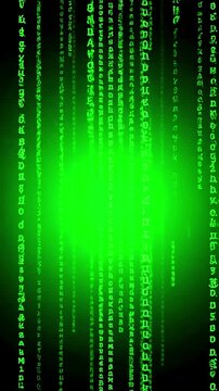 System Operations with abstract computer monitor moving symbols animation green linux terminal commands on black background conept of operating systems and technologies distortion, screen overlay