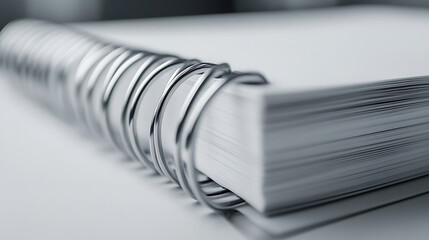 A close-up of a bound notebook with a metallic spiral, pages stacked neatly. The monochromatic image highlights the texture of paper and the shine of metal, emphasizing precision and order.