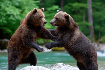 Obraz premium Two brown bears playfully engaging near a river in a lush forest during daylight