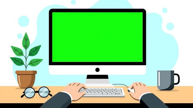 A computer workspace in a cartoon style, featuring monitor, keyboard, mouse, plant, and mug