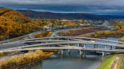 Fall afternoon aerial photo of the Interstate 81 and Route 17 interchange north of Binghamton, NY.