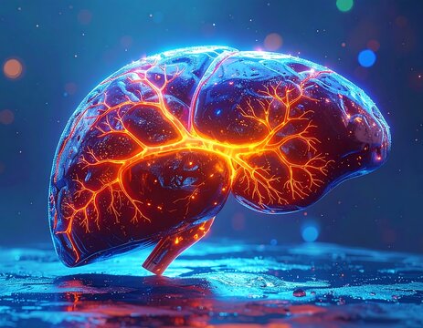Glowing brain illustration with vibrant red energy pathways. 3D rendering against a dark backdrop