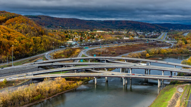 Fall afternoon aerial photo of the Interstate 81 and Route 17 interchange north of Binghamton, NY.