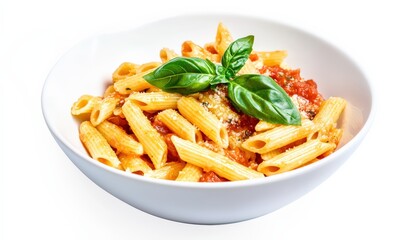 Penne pasta with tomato sauce, Parmesan, and basil