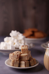 creamy chocolate drizzled fudge cubes with marshmallows and spiced cookies on elegant plates in cozy indoor setting, culinary, rustic, savory, appetizing, layers, arranged, smooth, glossy, rounded