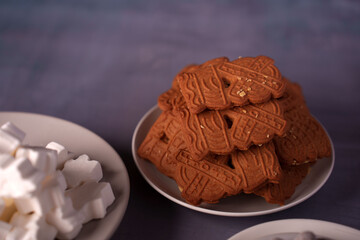 close-up of intricate brown cookies stacked on a plate beside a bowl of white, geometric marshmallows, set against a purple background creating a cozy winter ambiance, visual, arrangement, culinary