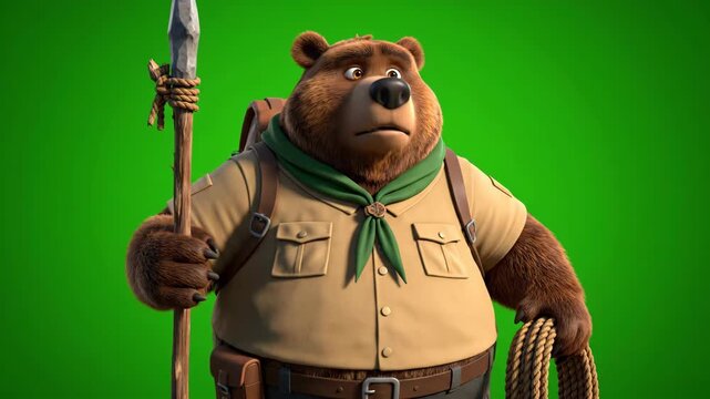 Cartoonish Brown Bear Scout Holding Spear with Green Neck Scarf and Backpack in Green Background